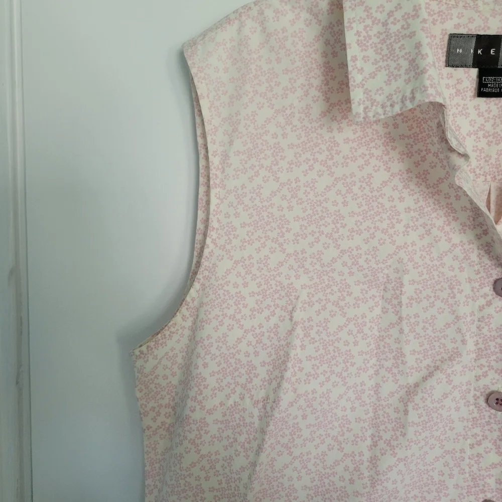 Vintage Womens Nike Golf Tank Top Button Front L Pink Flower Print